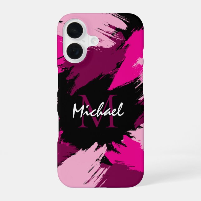 Brushstrokes shades of hot pink name with monogram iPhone 16 case (Back)