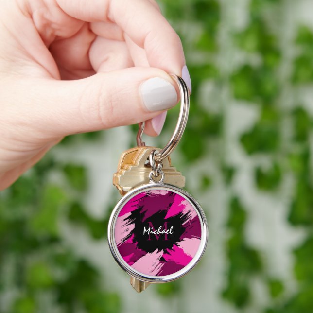 Brushstrokes shades of hot pink name with monogram key ring (Hand)
