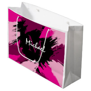 Brushstrokes shades of hot pink name with monogram large gift bag