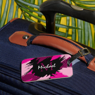 Brushstrokes shades of hot pink name with monogram luggage tag