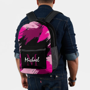 Brushstrokes shades of hot pink name with monogram printed backpack