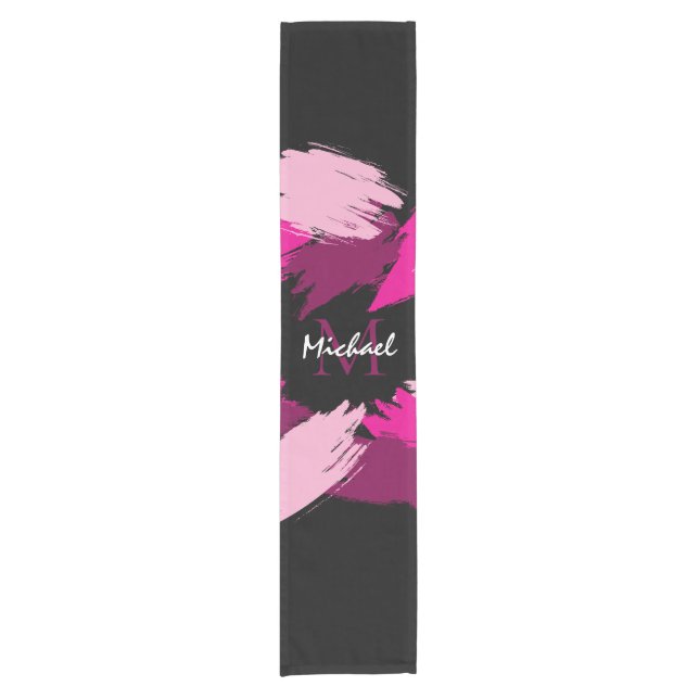 Brushstrokes shades of hot pink name with monogram short table runner (Front)