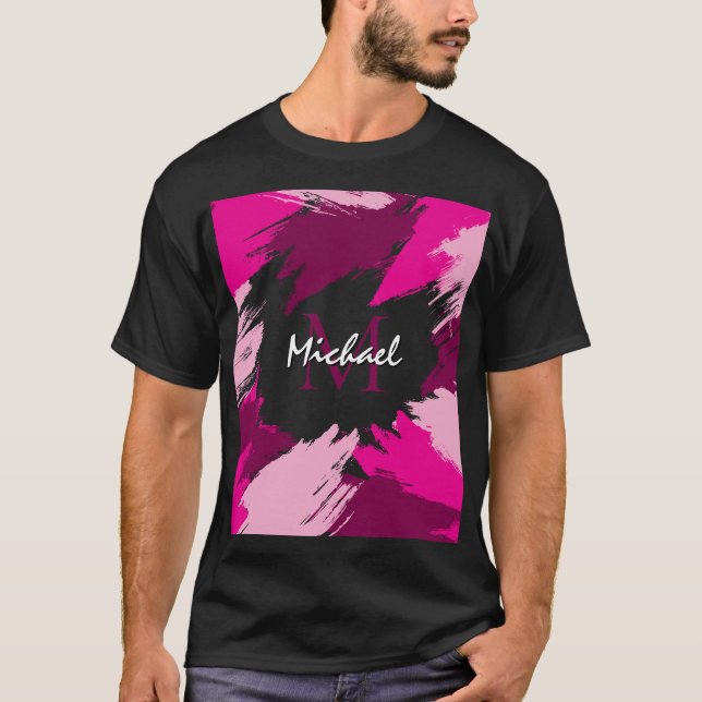 Brushstrokes shades of hot pink name with monogram T-Shirt (Front)