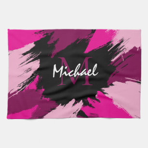 Brushstrokes shades of hot pink name with monogram tea towel