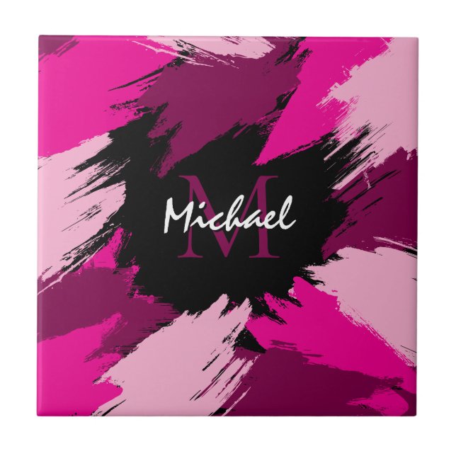 Brushstrokes shades of hot pink name with monogram tile (Front)
