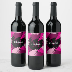 Brushstrokes shades of hot pink name with monogram wine label