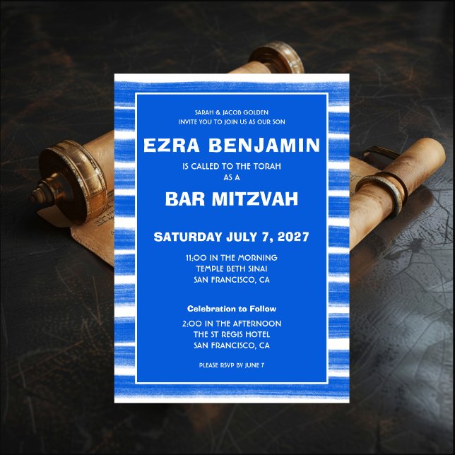 Brushstrokes Stripes Blue Custom Bar Bat Mitzvah Invitation (Brushstrokes Stripes Blue Custom Bar Bat Mitzvah Invitation
)