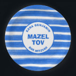 Brushstrokes Stripes Blue Custom Bar Bat Mitzvah Paper Plate<br><div class="desc">Perfect paper plate for a bat mitzvah, bar mitzvah or other Jewish celebration! Hand made abstract art with loose brushstrokes for you on the front! FULLY CUSTOMIZABLE! Click on “Personalise” above to edit the text. Click "edit using design tool" to adjust the fonts, colours and placements. THANK YOU FOR SUPPORTING...</div>