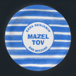 Brushstrokes Stripes Blue Custom Bar Bat Mitzvah Paper Plate<br><div class="desc">Perfect paper plate for a bat mitzvah, bar mitzvah or other Jewish celebration! Hand made abstract art with loose brushstrokes for you on the front! FULLY CUSTOMIZABLE! Click on “Personalise” above to edit the text. Click "edit using design tool" to adjust the fonts, colours and placements. THANK YOU FOR SUPPORTING...</div>