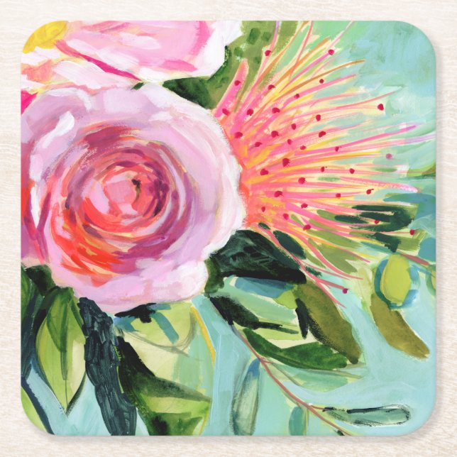 Brushy Floral I Square Paper Coaster (Front)