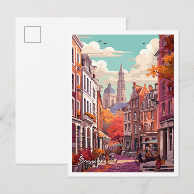 Brussels Belgium Art Vintage Travel Illustration Postcard (Front/Back)