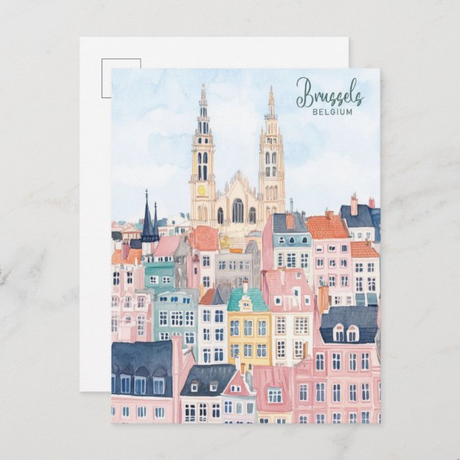 Brussels Belgium Gouache Paint Illustration Travel Postcard (Front/Back)