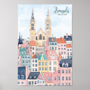 Brussels Belgium Gouache Paint Illustration Travel Poster