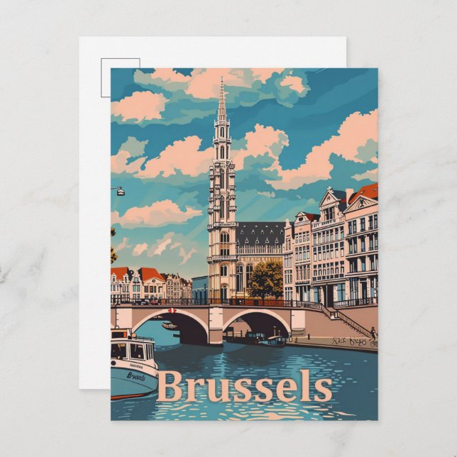 Brussels Belgium Vintage Retro Travel Illustration Postcard (Front/Back)