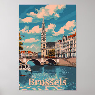 Brussels Belgium Vintage Retro Travel Illustration Poster