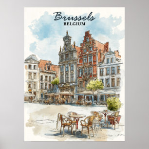 Brussels Belgium – Vintage Watercolor Cityscape  Poster