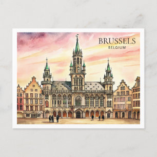 Brussels Belgium Watercolor Grand Palace Holiday Postcard