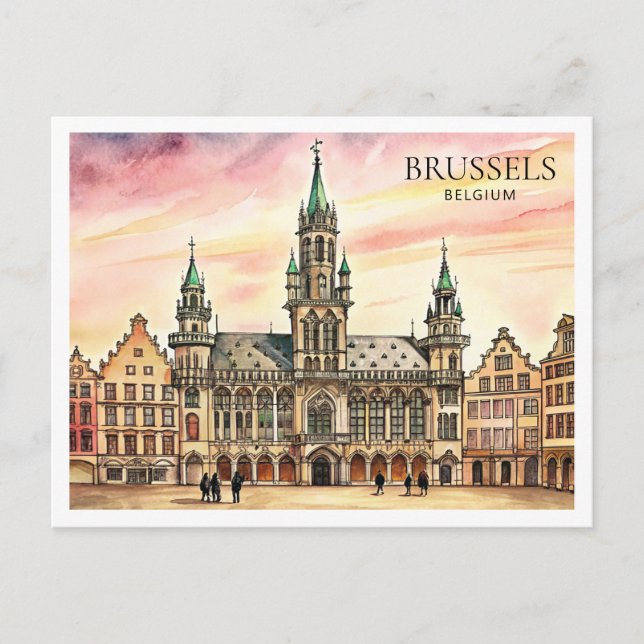 Brussels Belgium Watercolor Grand Palace Holiday Postcard (Front)