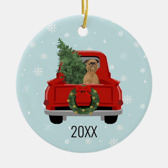 Brussels Griffon Christmas Red Truck Ceramic Tree Decoration (Front)