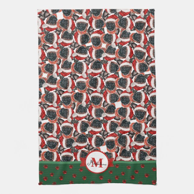 Brussels Griffon Pattern Monogram Christmas Dog Tea Towel (Vertical)