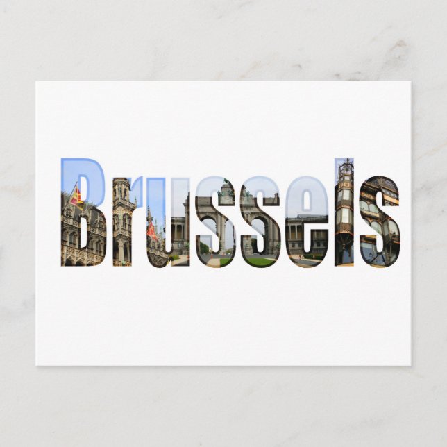 Brussels with tourist sites in letters postcard (Front)