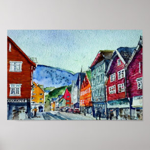 bryggen bergen norway watercolor poster
