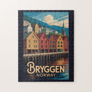 Bryggen Norway Illustration Travel Art Bergen Jigsaw Puzzle