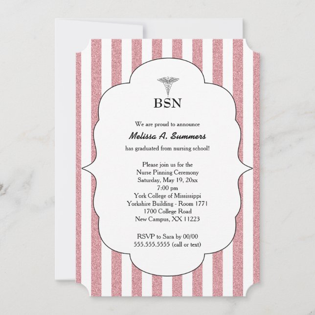 BSN Nurse graduation invites pink blush glitter (Front)