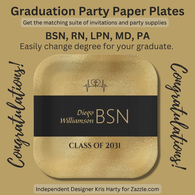 BSN NURSE Graduation RN LPN Name Black Faux Gold Paper Plate (Creator Uploaded)