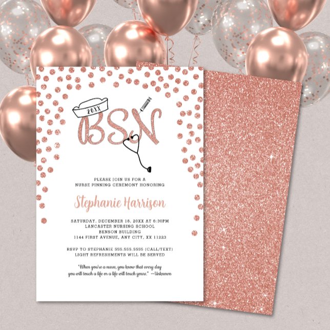 BSN nurse graduation rose gold confetti pinning Invitation (Creator Uploaded)