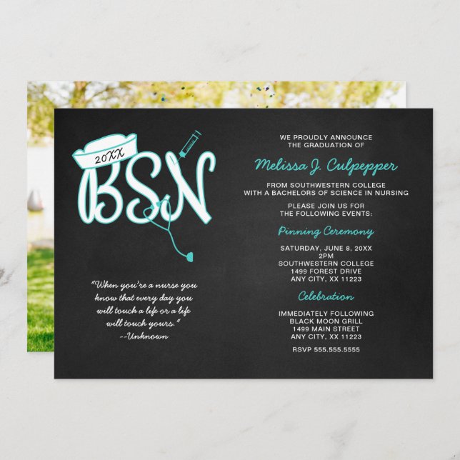 BSN photo graduation celebration, turquoise Invitation (Front/Back)
