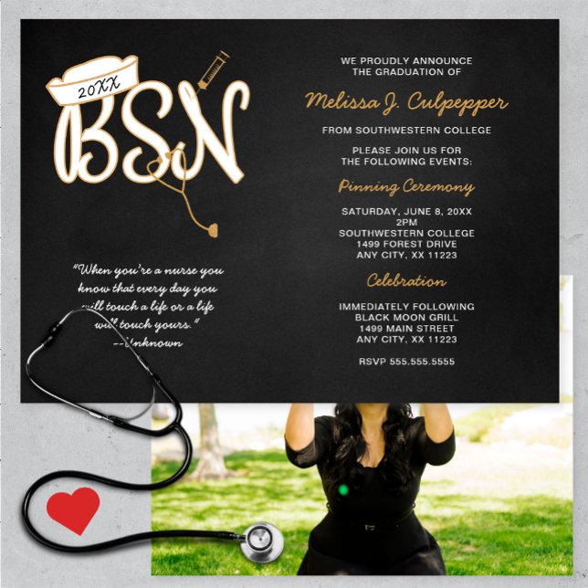 BSN photo graduation pinning party, black gold Invitation (Creator Uploaded)