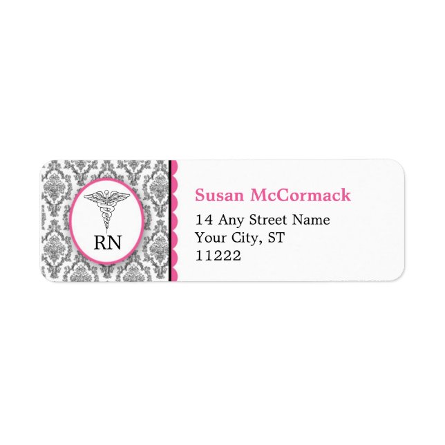 BSN RN LPN Damask Caduceus Black Hot pink (Front)