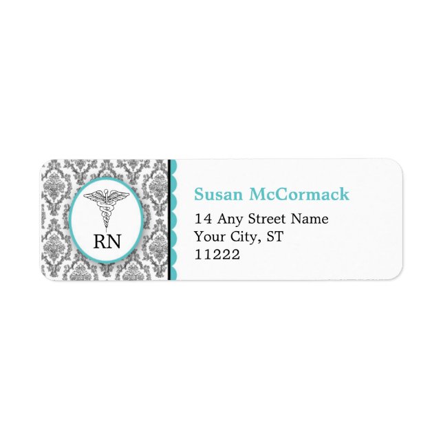 BSN RN LPN Damask Caduceus Black Turquoise (Front)
