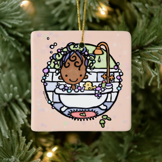 Bubble Bath Bathtub Dark Skin Girl Clawfoot Tub Ceramic Ornament (Tree)