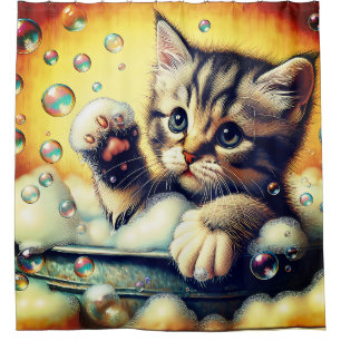 “Bubble Bath Kitten - Whimsical Bath Time Art” Shower Curtain