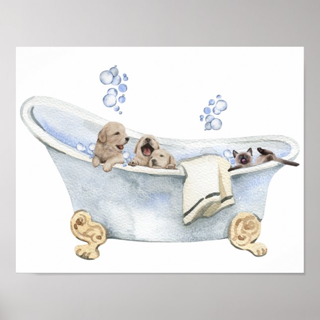 Bubble Bath Puppies Kitten Bathtub Bathroom Poster (Front)