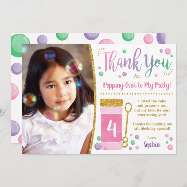 Bubble Birthday Thank You Card | Pink and Gold (Front/Back)