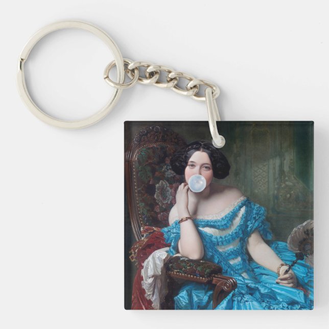 Bubble gum Diva in blue satin  Key Ring (Front)