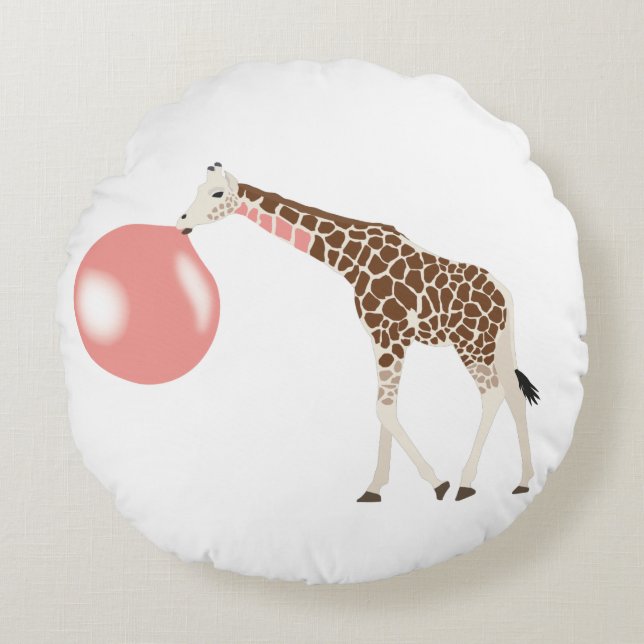 Bubble Gum Giraffe Blowing Bubble Round Cushion (Front)