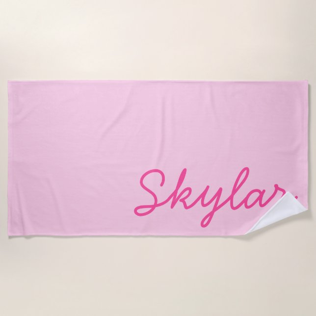 Bubble Gum Pink Hot Pink Custom Cursive Name Beach Towel (Front)