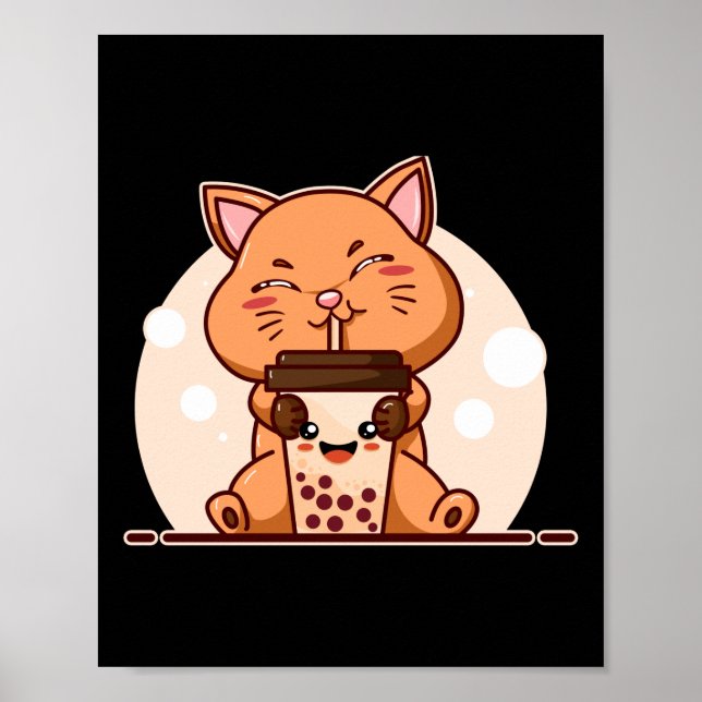 Bubble Kawaii Cat Drinking Boba Tea Poster (Front)