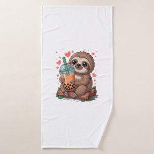 Bubble Kawaii Sloth Drinking Boba Tea T-Shirt Bath Towel