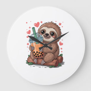 Bubble Kawaii Sloth Drinking Boba Tea T-Shirt Large Clock