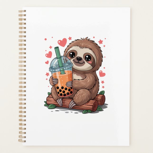 Bubble Kawaii Sloth Drinking Boba Tea T-Shirt Planner (Front)