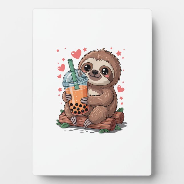 Bubble Kawaii Sloth Drinking Boba Tea T-Shirt Plaque (Front)