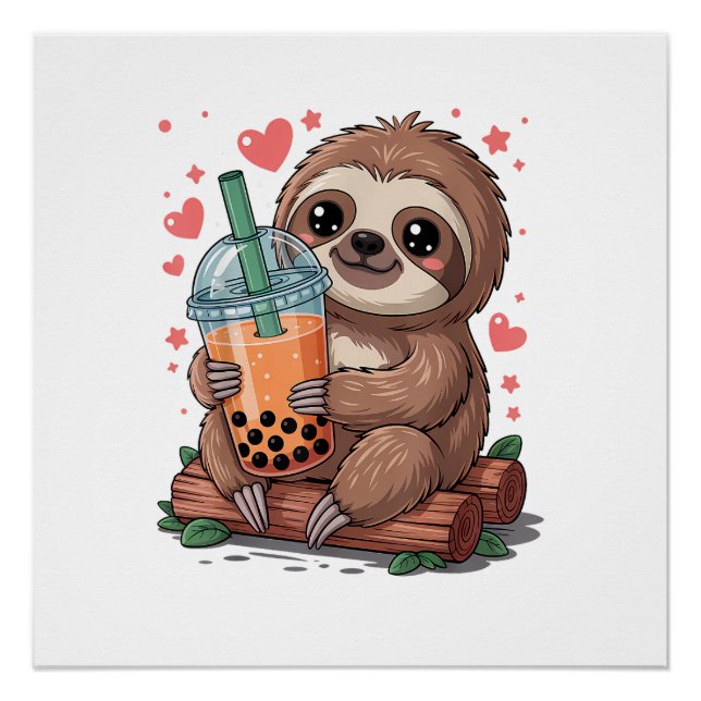 Bubble Kawaii Sloth Drinking Boba Tea T-Shirt Poster (Front)