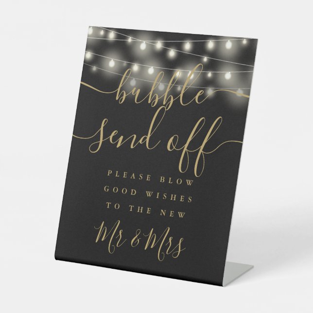 Bubble Send Off String Lights Black And Gold Pedestal Sign (Front)
