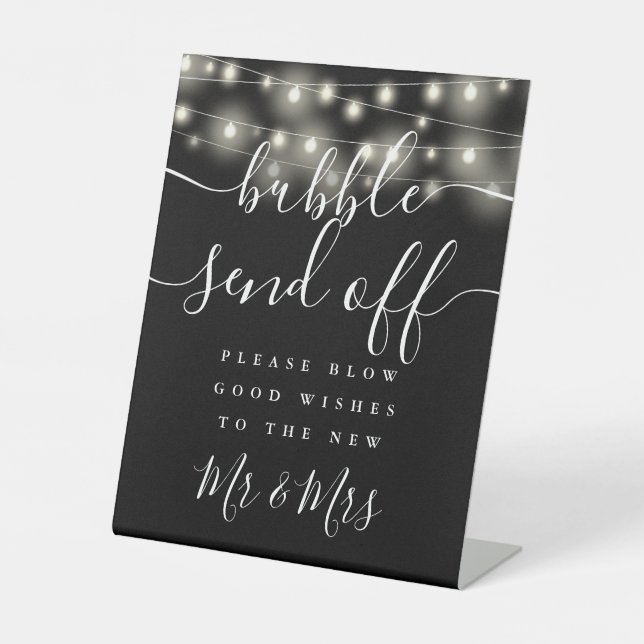 Bubble Send Off String Lights Black And White Pedestal Sign (Front)