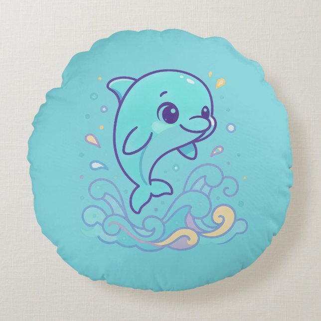 Bubble Splash Dolphin Cute Ocean Animal Custom Round Cushion (Front)